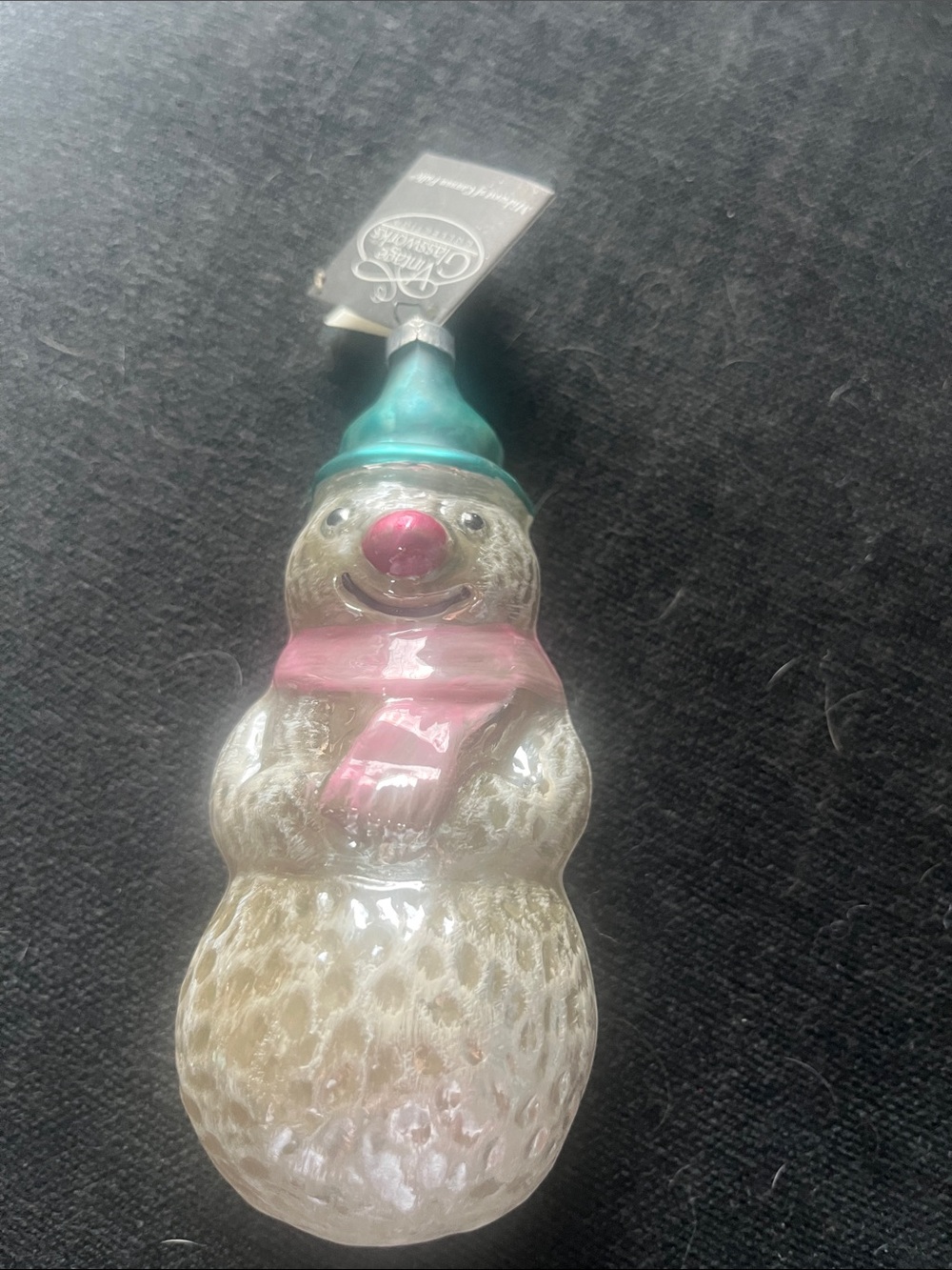 Midwest of Cannon Falls made Germany Teal-Hat Pink-Scarf Glass Snowman Ornament